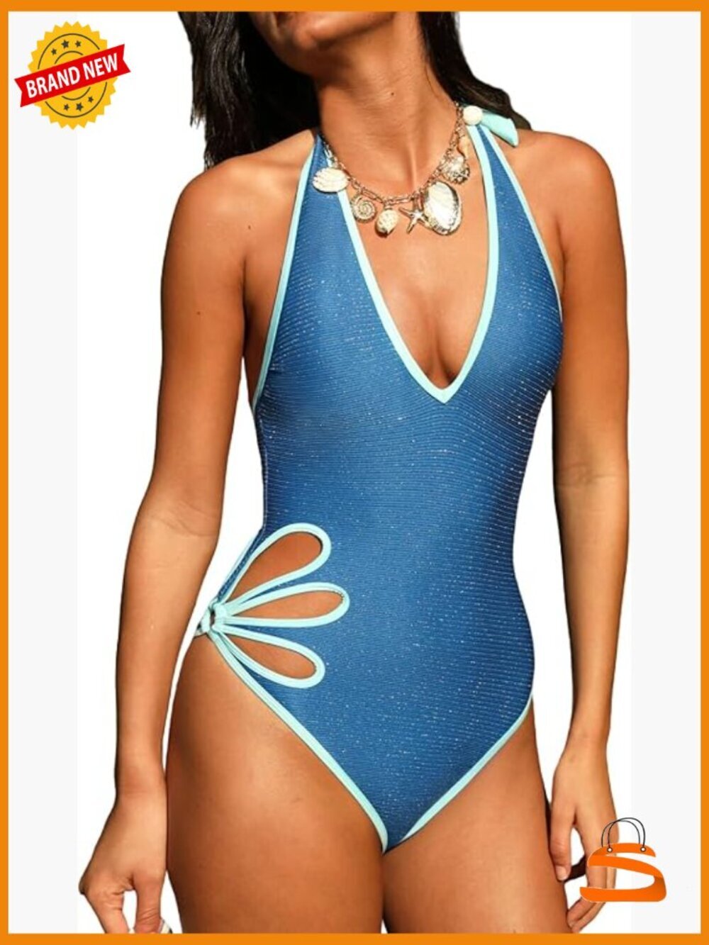 One Piece Swimsuit Plunging V Neck Halter Adjustable Straps Backless Cutout